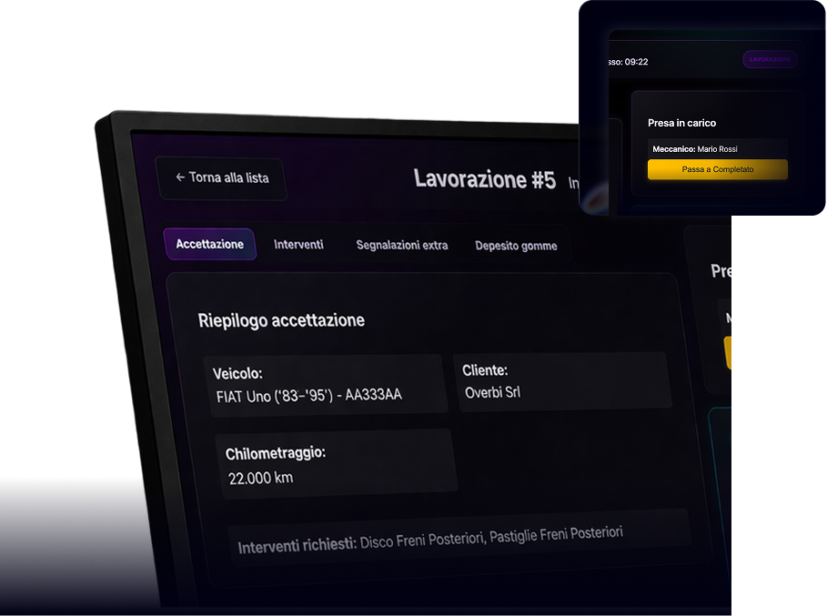 Pannello Ariaa con dettaglio commessa: riepilogo accettazione con dati veicolo, cliente e chilometraggio, e notifica di presa in carico al meccanico
